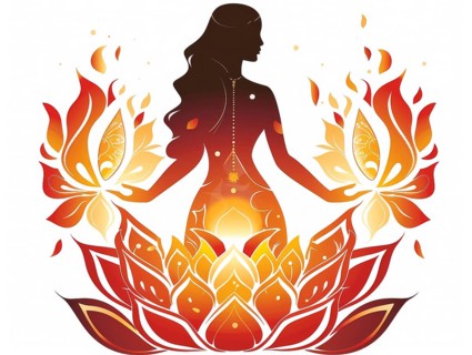 Silhouette of a woman with fiery lotus flowers against an ethereal background, AI generated