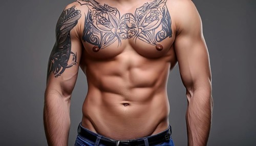 Man with muscular upper body and large tribal tattoos on chest and arms, wearing jeans, AI