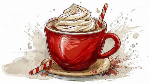 Red cup with whipped cream and a candy cane on a saucer, giving a festive and cozy feel in