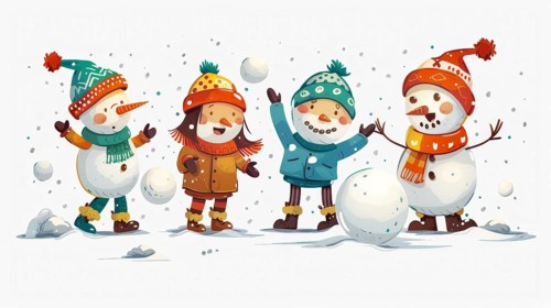 Snowman joyfully playing with snow and snowballs, each wearing winter clothes including hats,