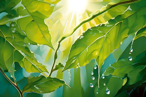 Abstract digital painting embodying sustainability with intertwining leaves glisten with water