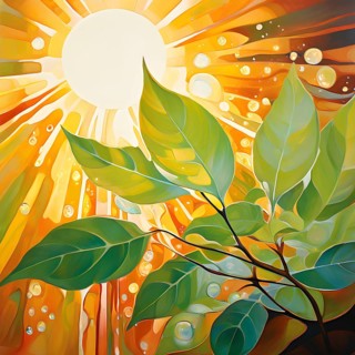 Abstract digital painting embodying sustainability with intertwining leaves glisten with water