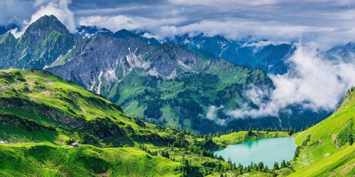 Panorama from Zeigersattel to Seealpsee, on the left behind the Hoefats 2259m, Allgaeu Alps,