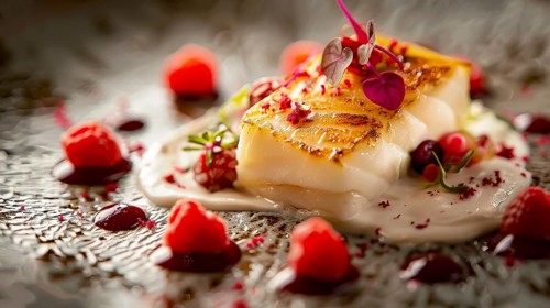 Gourmet fish dish garnished with raspberries and microgreens, served on a bed of cream sauce, AI