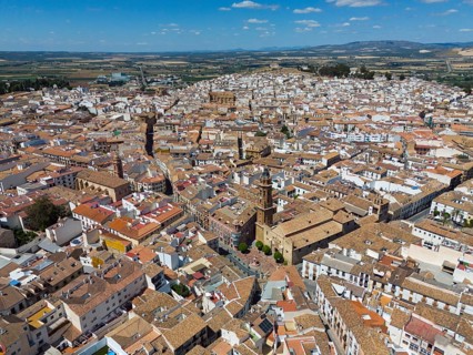 Aerial view of a Spanish old town with many buildings and terracotta-coloured roofs on a sunny day,