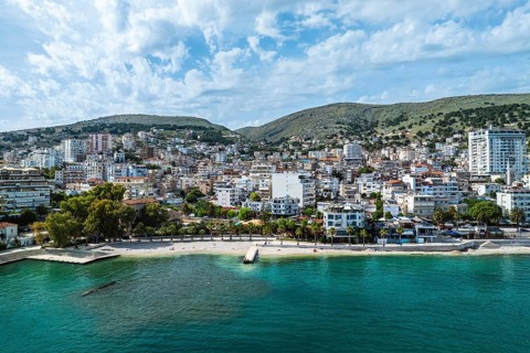Saranda from a drone, Albanian Riviera, Albania, Europe