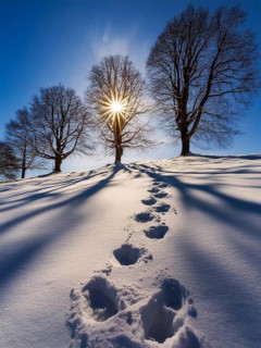 Footprints in fresh snow on a hill with a row of trees in winter, backlight, AI generated, AI