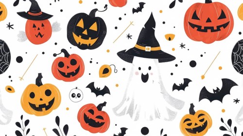 Halloween illustrations with pumpkins, ghosts, bats, witches' hats, and spiderwebs in orange and