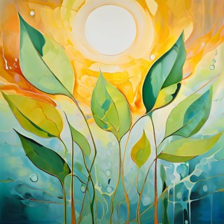Abstract digital painting embodying sustainability with intertwining leaves glisten with water
