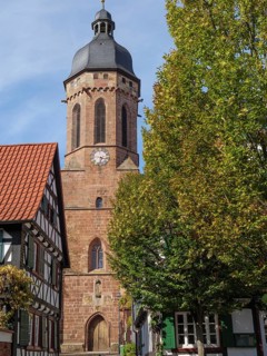 Church tower and half-timbered houses, surrounded by autumnal trees, under a blue sky, historic