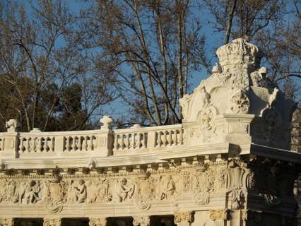 Close-up of an ornate stone balustrade with reliefs and decorative elements, Madrid, Spain, Europe