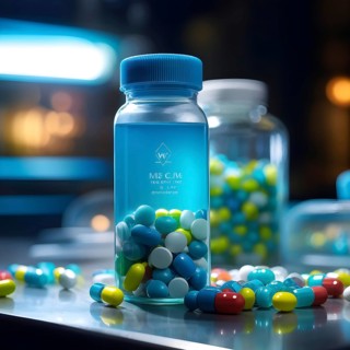 Glass bottle filled with assorted colored painkiller pills, AI generated