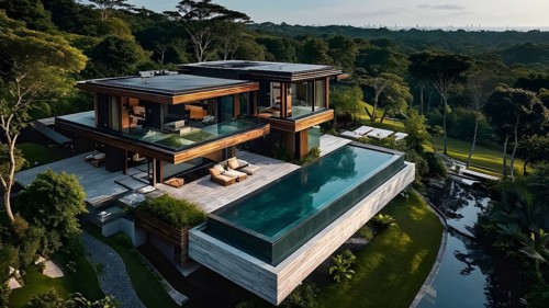 Luxurious wooden house with swimming pool reflecting the opulence of billionaires nestled in