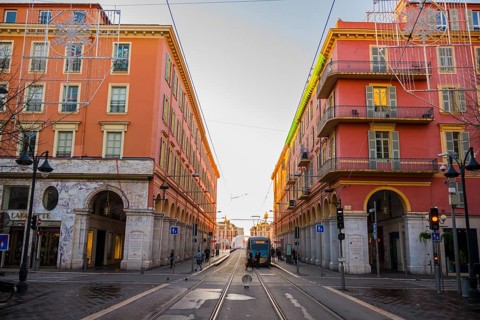 Tram in City Place Massena in Nice, Cote d'azur, France, Europe