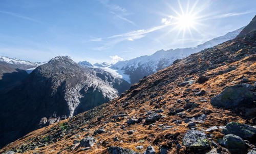 Mountain panorama, mountain peaks and glacier Gurgler Ferner, mountain landscape in autumn,
