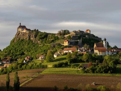Farmland, Riegersburg Castle in the background, near Riegersburg, Styria, Austria, Europe