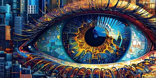 Illustration mosaic collage of an abstract detailed eye morphing into urban cityscape, AI generated