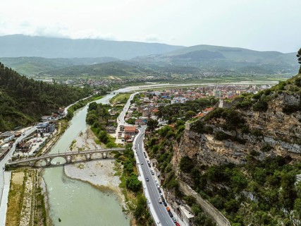 Berat from a drone, Osum River, Albania, Europe