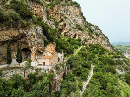 St . Michael's Church, Byzantine church in Berat from a drone, Osum River, Albania, Europe