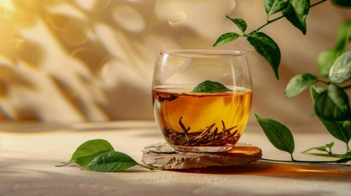 A glass cup of green tea with leaves on a wooden coaster, bathed in warm sunlight, AI generated