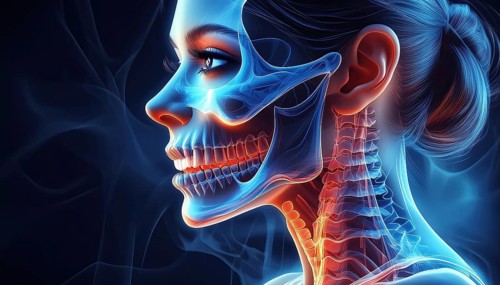 Profile view of a female head and neck in an X-ray image with visible bone structures, AI
