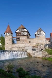 Zollernschloss Balingen on the Eyach, weir, barrage, Balingen, Baden-Wuerttemberg, Germany, Europe