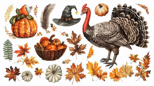 A turkey with assorted pumpkins, leaves, and a witch hat during fall season, AI generated