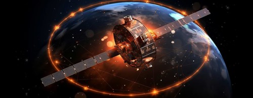 A satellite orbiting the Earth. Concept of satellite communication, internet access and technology,