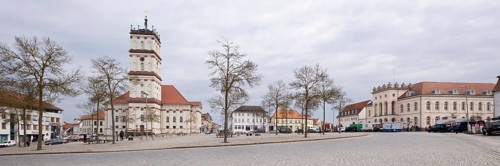 Panorama of the market square with town church, Neustrelitz, Mecklenburg-Vorpommern, Germany,