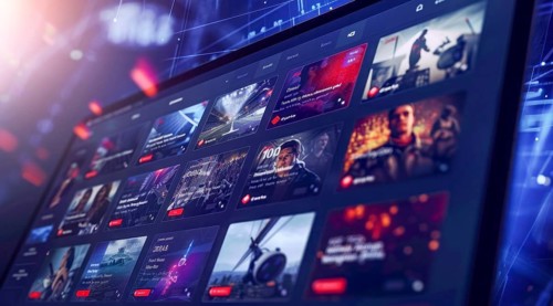Digital streaming platform with movies and series on large TV screen, AI generated