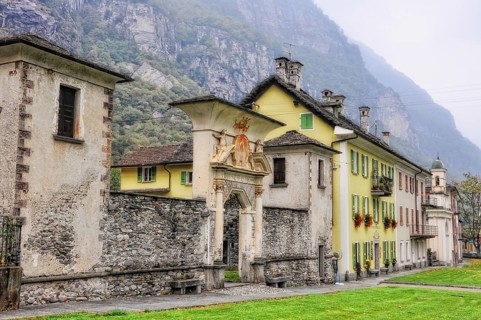 Beautiful and Elegant Old Houses with Mountain in Valle Maggia, Cevio, Ticino, Switzerland, Europe