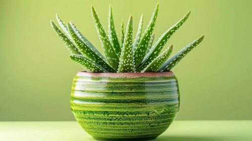 Aloe vera plant in a green pot with a light green background, creating a fresh and calming