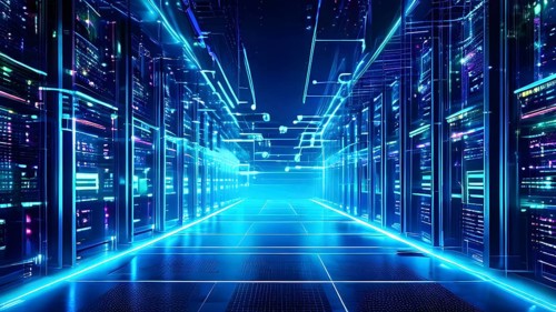 Server racks aligned in rows within a cloud computing data center background and data streams