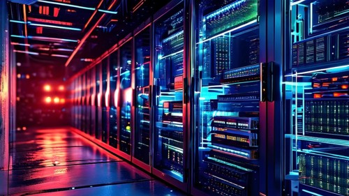 Server racks aligned in rows within a cloud computing data center background and data streams