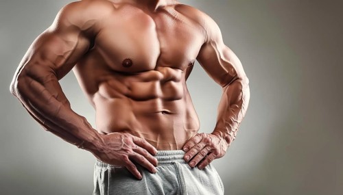 A muscular man shows off his toned abs and arms in a fitness environment, AI generated, AI