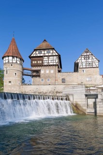 Zollernschloss Balingen on the Eyach, weir, barrage, Balingen, Baden-Wuerttemberg, Germany, Europe