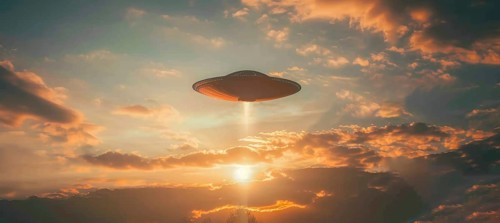 A large, glowing, alien shaped UFO saucer object is flying. UAP, Unexplained Aerial Phenomena, AI