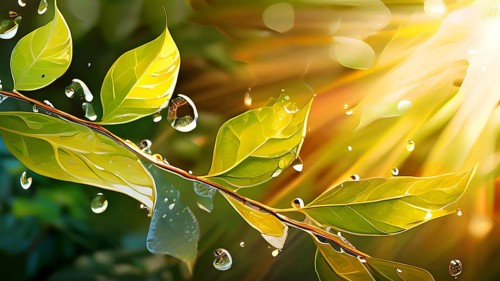 Abstract digital painting embodying sustainability with intertwining leaves glisten with water