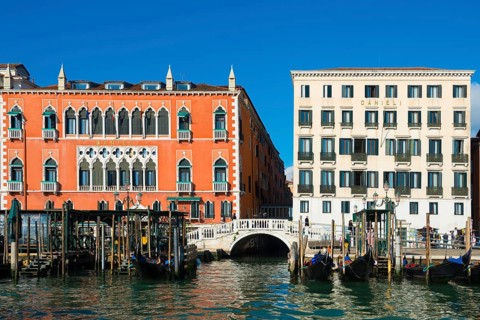 Luxury and Famous Five Stars Hotel Danieli on the Grand Canal in a Sunny Day in Venice, Veneto,