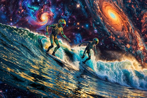 Aliens, two surfers riding a wave against the backdrop of a vibrant cosmic vortex, AI generated, AI