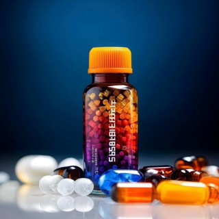 Glass bottle filled with assorted colored painkiller pills, AI generated