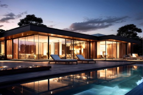 Luxurious wooden house with swimming pool reflecting the opulence of billionaires nestled in