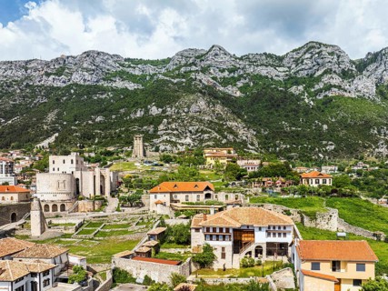 Kruje and Mount Kruje from a drone, Ishem River, Albania, Europe