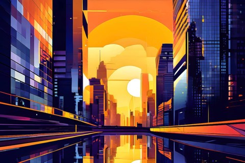 Urban cityscape collage featuring a mosaic of vibrant colors, AI generated