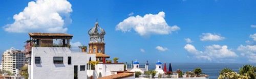 Mexico, panoramic view of Puerto Vallarta near sea promenade Malecon, beaches and historic center,