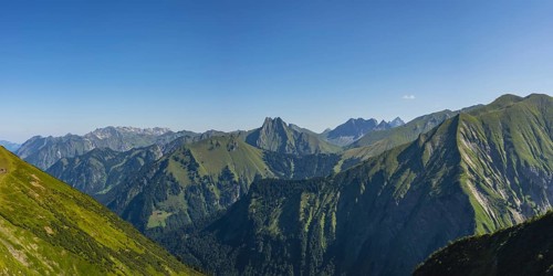 Panorama from Wildengundkopf, 2238m to Hoefats 2259m, Allgaeu Alps, Allgaeu, Bavaria, Germany,