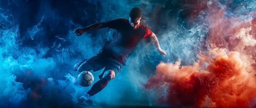 Soccer football forward player jumping and attacking the field for goal, AI generated