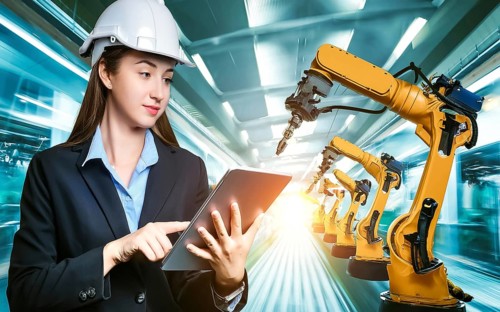 Industrial engineer with tablet control, automation of robotic arms, intelligent monitoring, AI