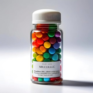 Glass bottle filled with assorted colored painkiller pills, AI generated