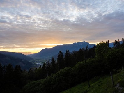 Sunset over the Eisenerz Alps, mountain massif Reiting, in the Liesingtal the village Traboch, view